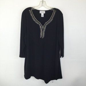 Peck & Peck Blouse Women Size XL Black Beaded Collar V-Neck Half Sleeve Pullover